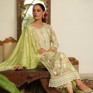 Green Embroidered Straight Suits Set with Dupatta