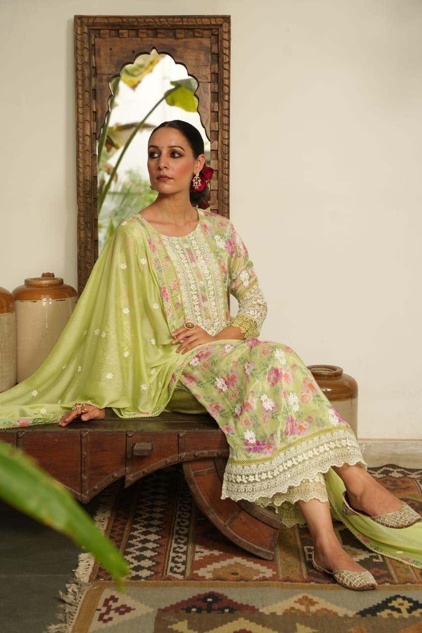 Green Embroidered Straight Suits Set with Dupatta
