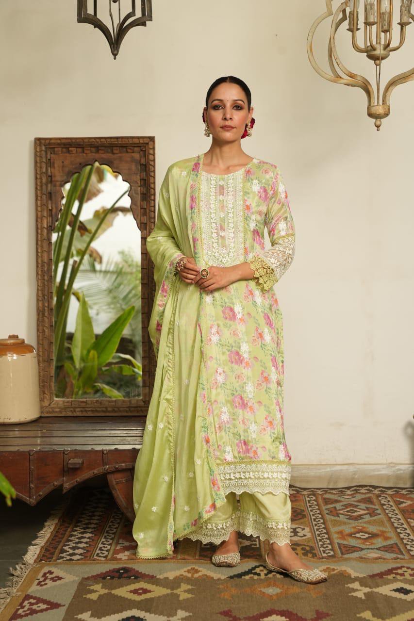 Green Embroidered Straight Suits Set with Dupatta - Image 2