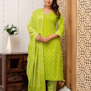 Cotton Green Straight Suits Set with Dupatta