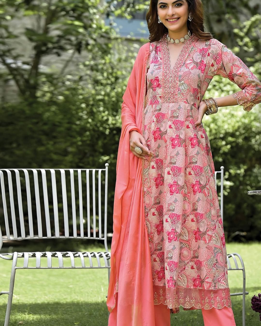 Cotton Foil Print Anarkali Suit Set - Image 7