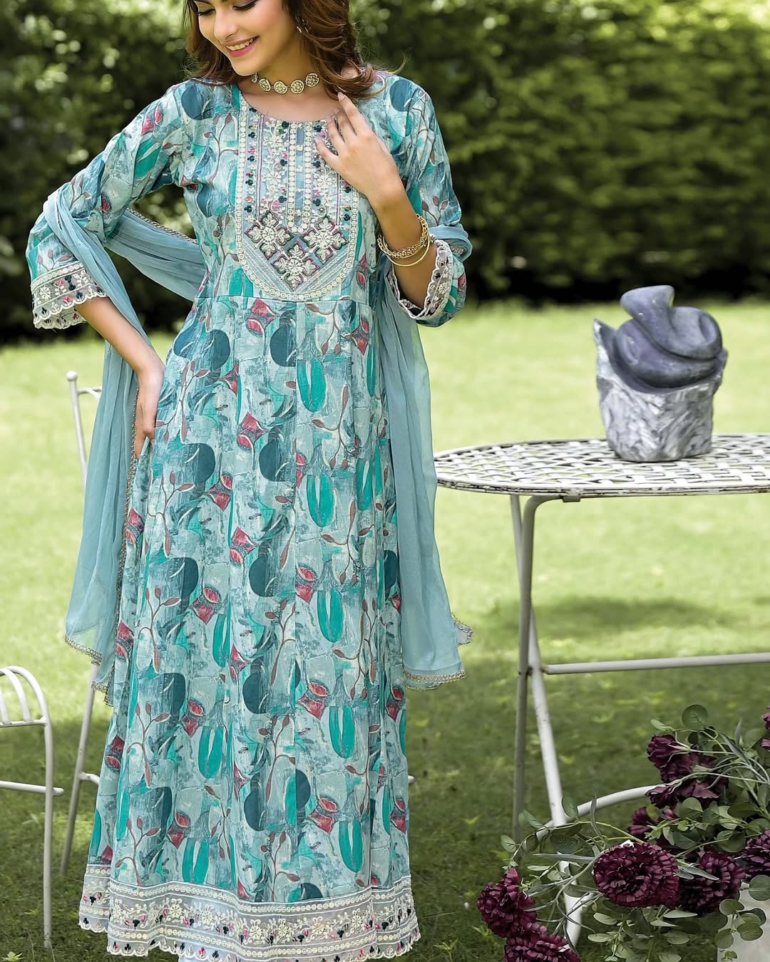 Cotton Foil Print Anarkali Suit Set - Image 4