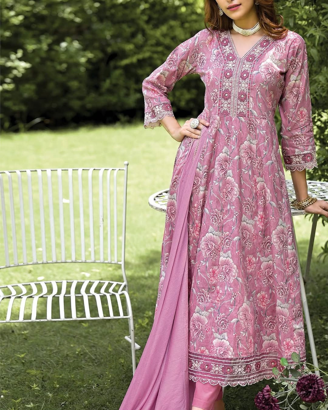 Cotton Foil Print Anarkali Suit Set - Image 2