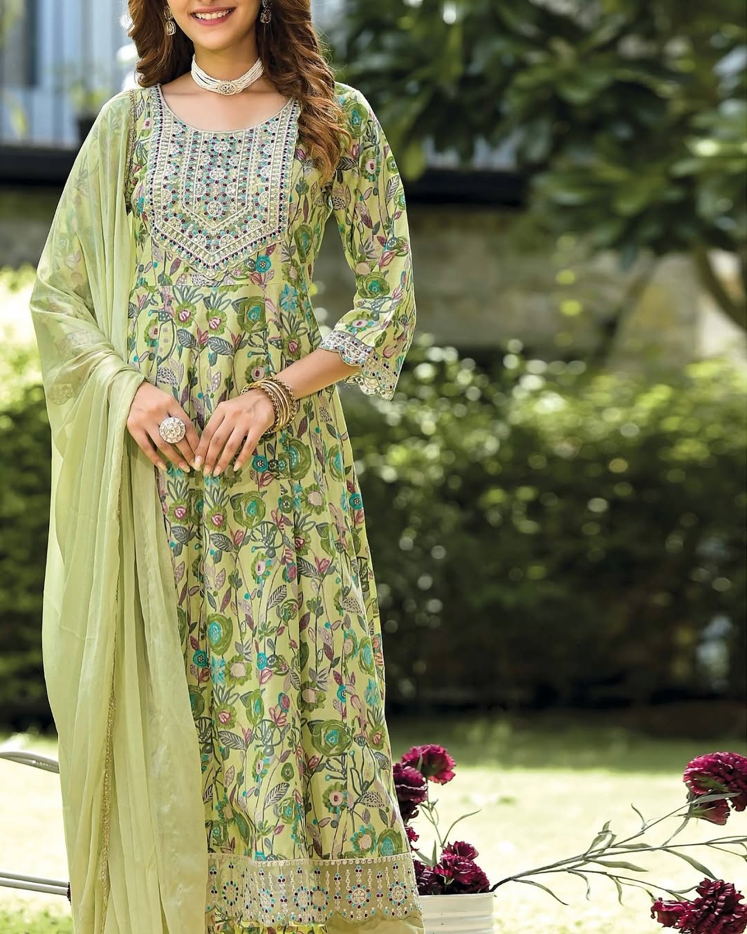 Cotton Foil Print Anarkali Suit Set - Image 3