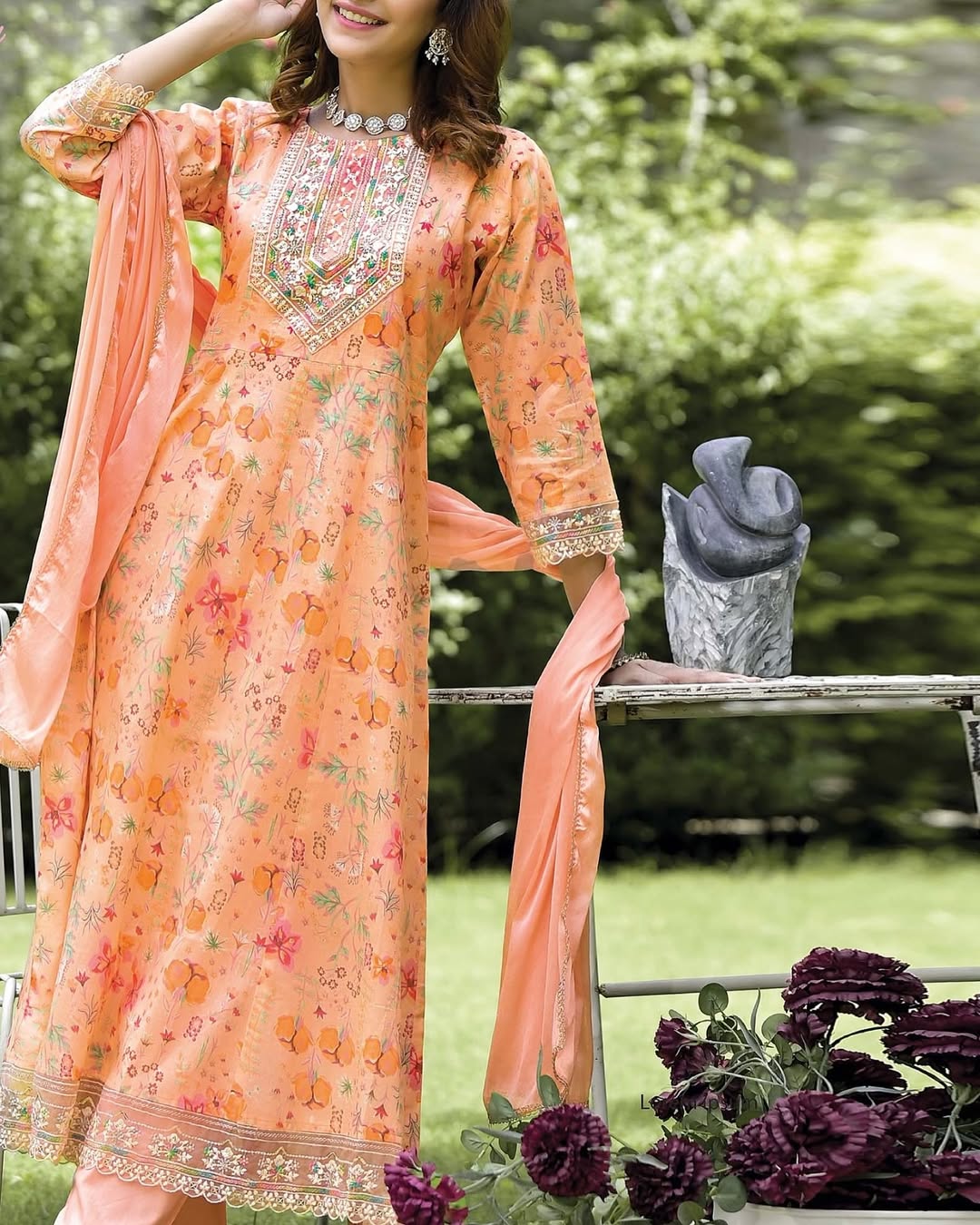 Cotton Foil Print Anarkali Suit Set - Image 5